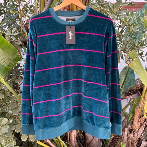 Stussy Velour Striped Long Sleeve Crewneck M Teal Pink 21x27.5 - Picture 1 of 5